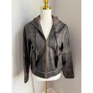 Vintage y2K Old Navy Brown Genuine Leather Hooded Jacket Medium